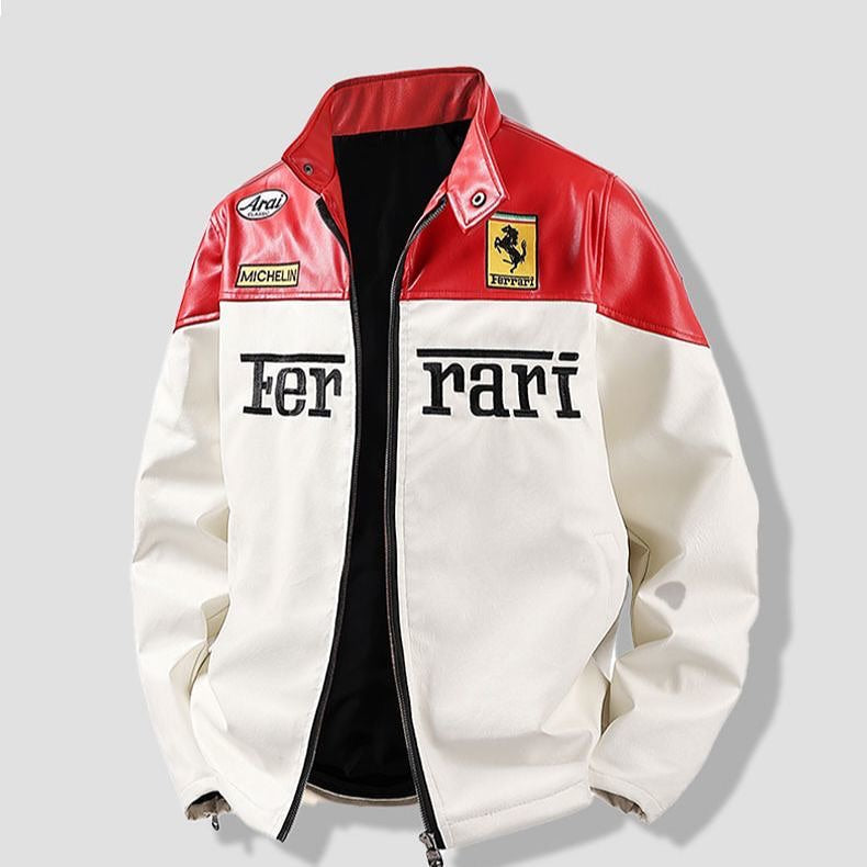 White & Red Ferrari Leather Jacket | SLIKDRIP® Luxe Edition