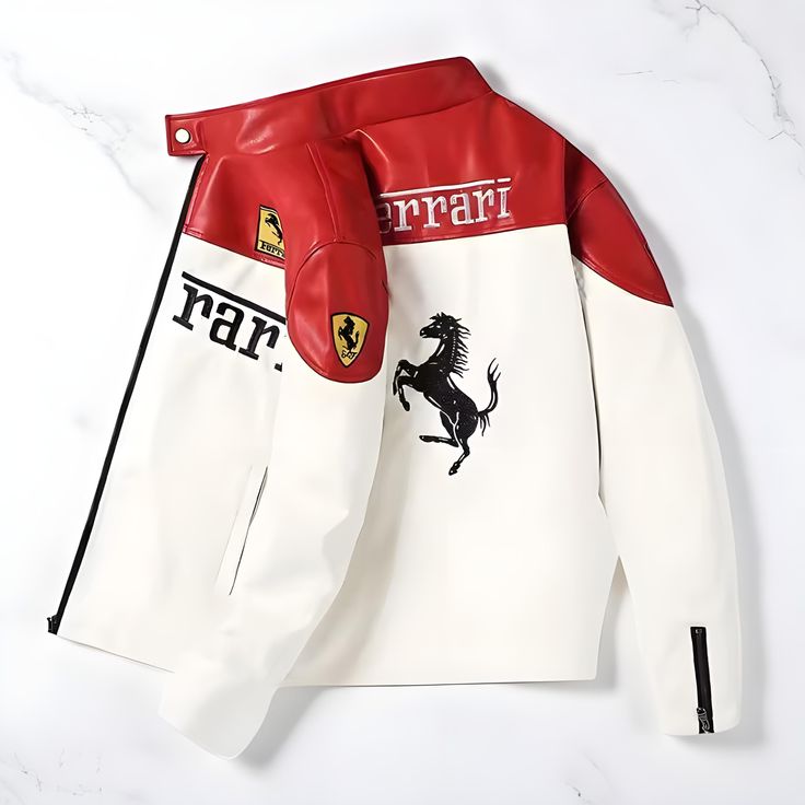 White & Red Ferrari Leather Jacket | SLIKDRIP® Luxe Edition