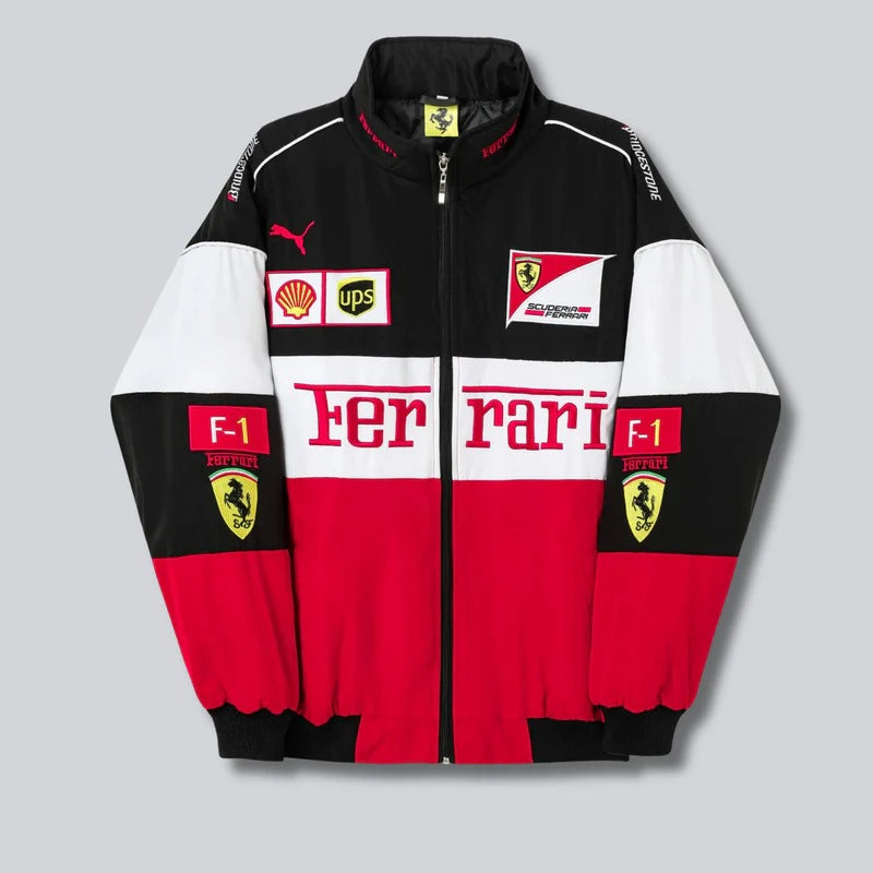 Unisex Ferrari Racing Jacket | Vintage F1 | Motorsport Fashion Style | White Black Red